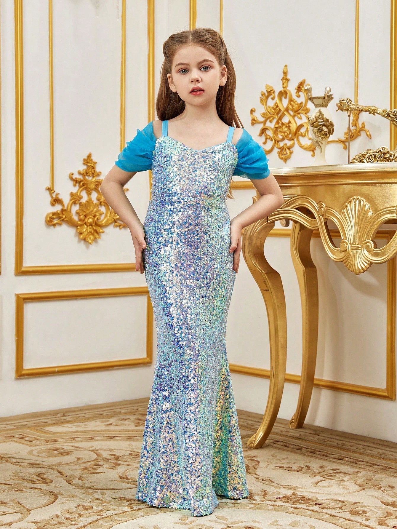 Tween Girl Sequined Mermaid Party Dress, Cold Shoulder, Spaghetti Strap, High Waist