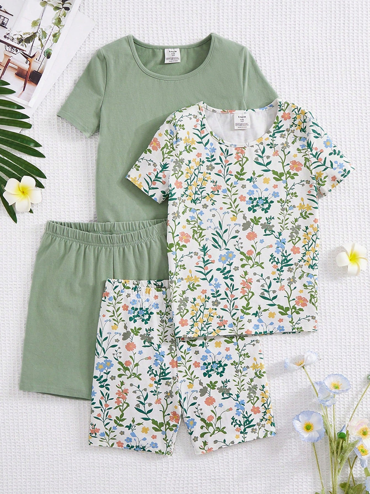 2pcs Tween Girl Casual Homewear Set - Knitted Top & Shorts, Floral Pattern, Machine Washable