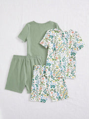 2pcs Tween Girl Casual Homewear Set - Knitted Top & Shorts, Floral Pattern, Machine Washable