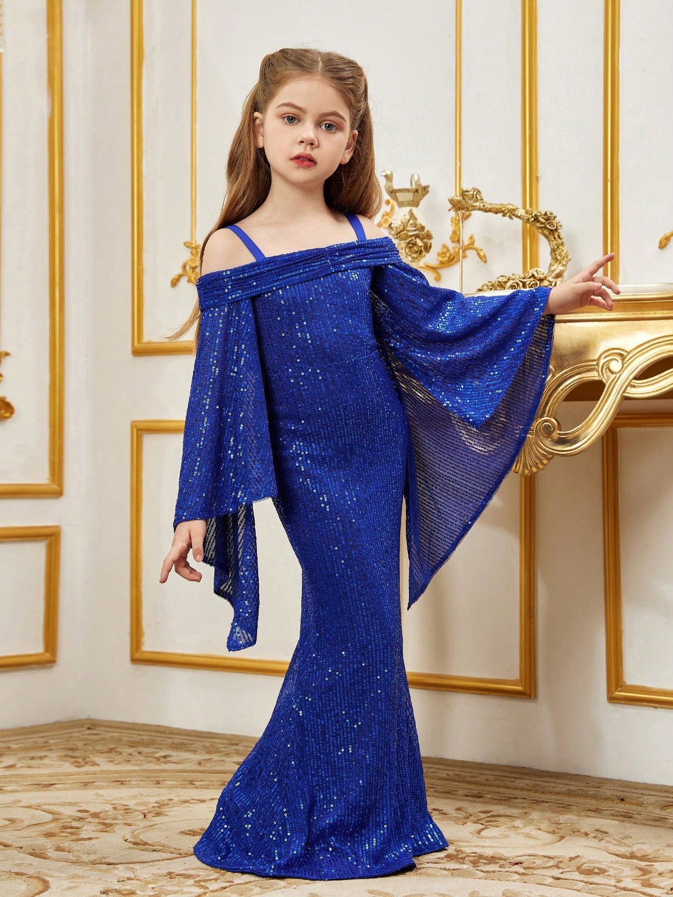 Tween Girl Glitter Mermaid Hem Cami Dress with Flared Sleeves - Party, Cold Shoulder, Sequins