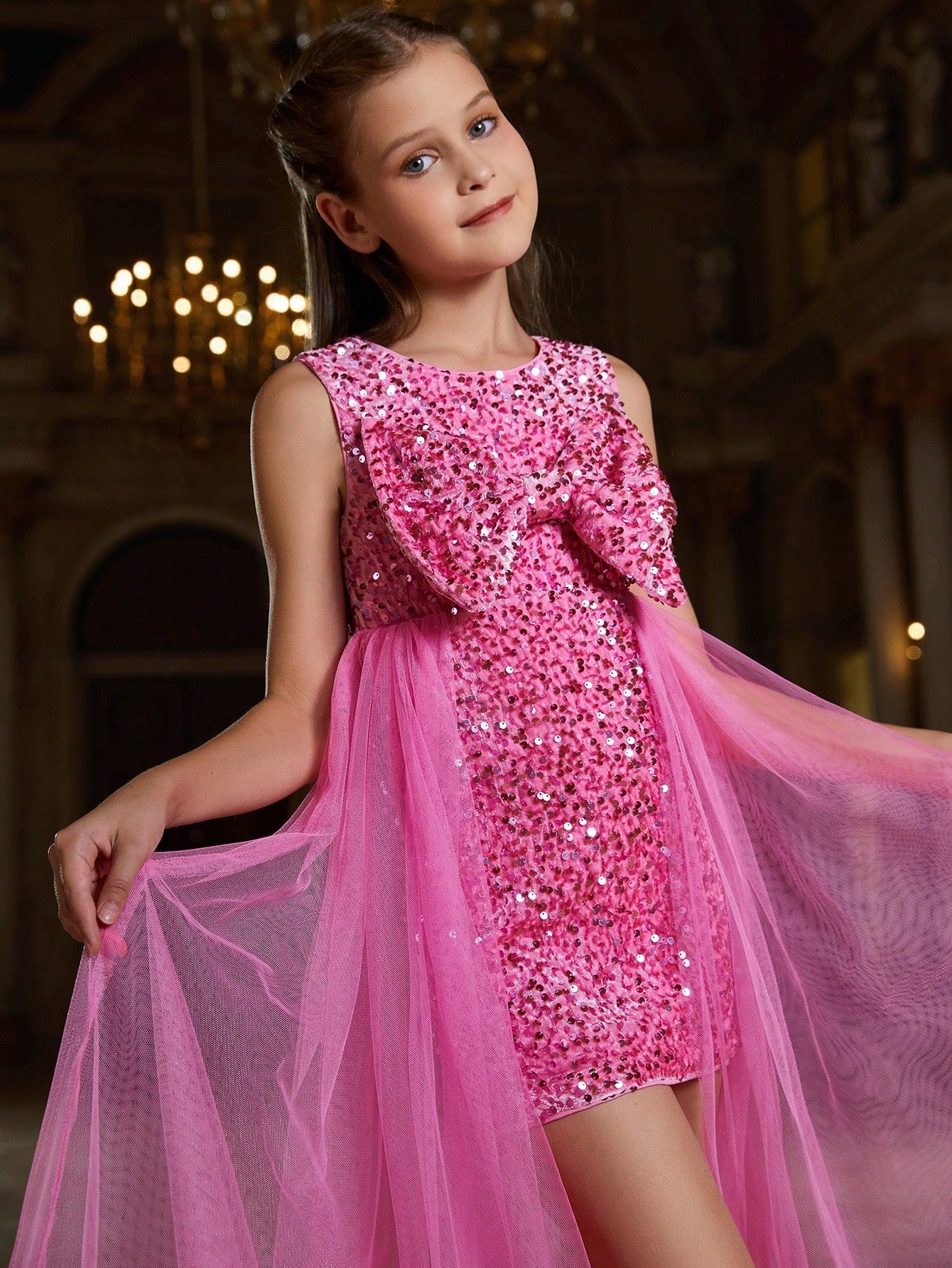 Tween Girl Sleeveless Party Dress - Mesh, Glitter Sequin, Bow, A-Line, High Waist