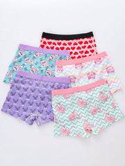 5pcs Printed Boxer Shorts for Tween Girls - Random Print, Short Length, Stretch Fabric