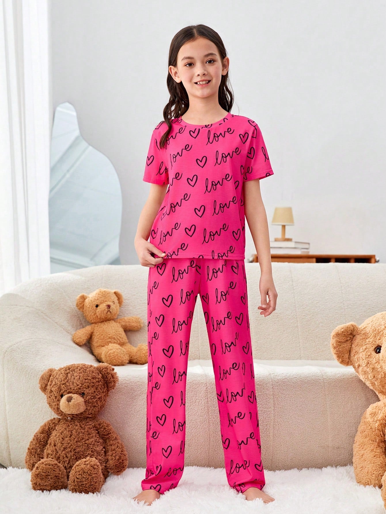 Tween Girls' Cute Geometric Knitted Two-Piece Set - Short Sleeve, Round Neck, Pant Set