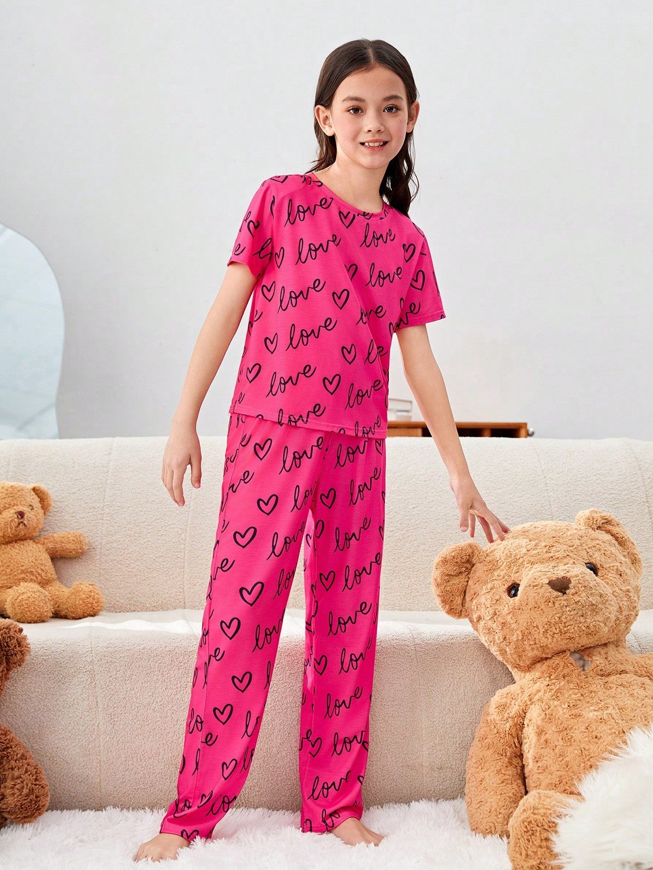 Tween Girls' Cute Geometric Knitted Two-Piece Set - Short Sleeve, Round Neck, Pant Set