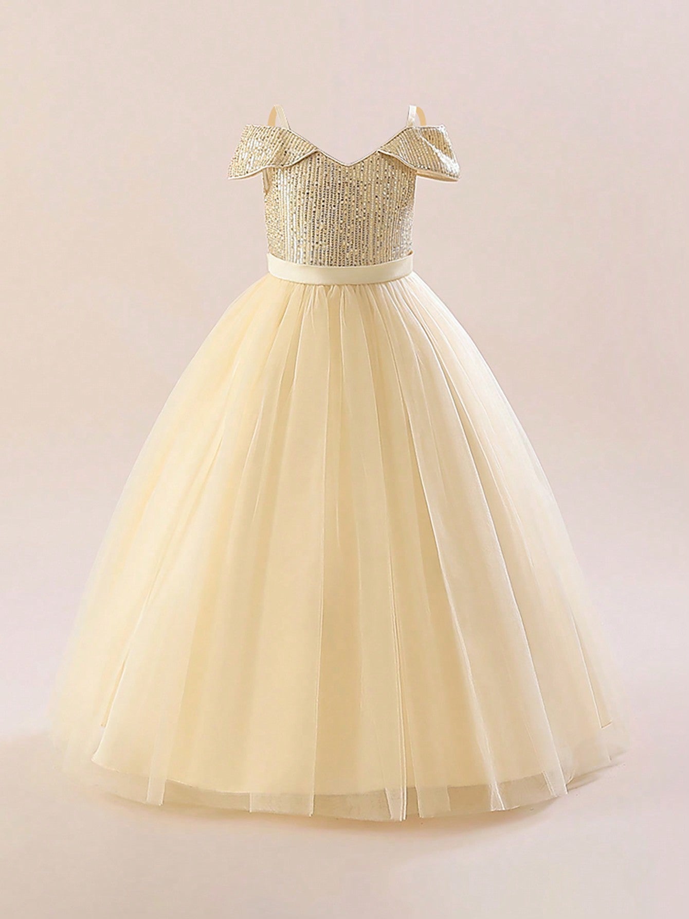 Tween Girl Elegant Long Sequined Off-Shoulder Party Dress - Fit & Flare, High Waist, Ball Gown