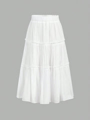 Tween Girl Casual Long Layered Ruffle Hem Skirt - Non-Stretch Woven Fabric, Hand Wash