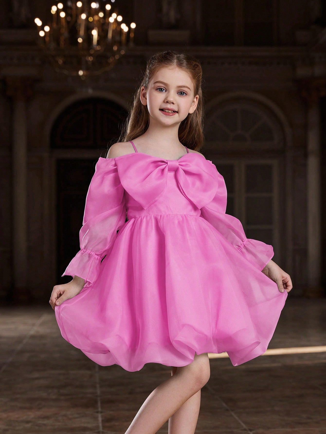 Tween Girl Off-Shoulder Organza Party Dress with Large Bow - Fit and Flare, Knee Length