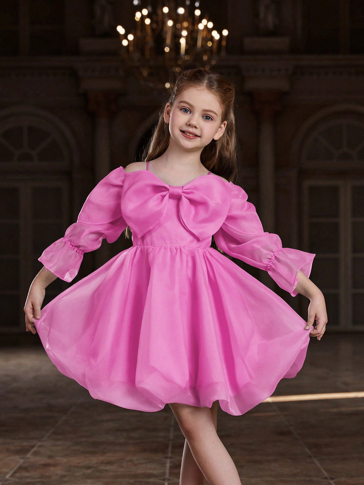 Tween Girl Off-Shoulder Organza Party Dress with Large Bow - Fit and Flare, Knee Length