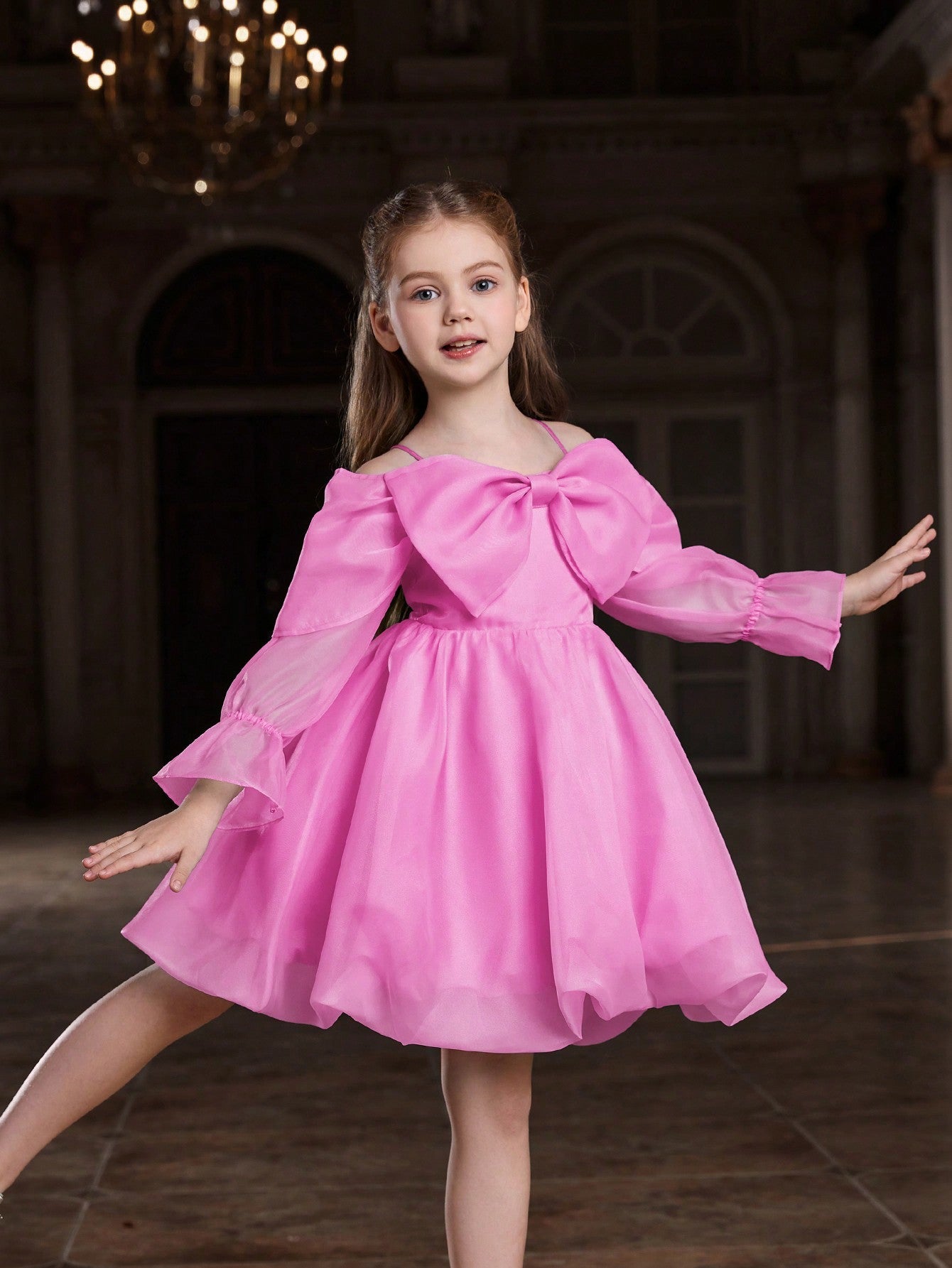 Tween Girl Off-Shoulder Organza Party Dress with Large Bow - Fit and Flare, Knee Length