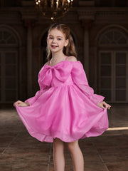 Tween Girl Off-Shoulder Organza Party Dress with Large Bow - Fit and Flare, Knee Length