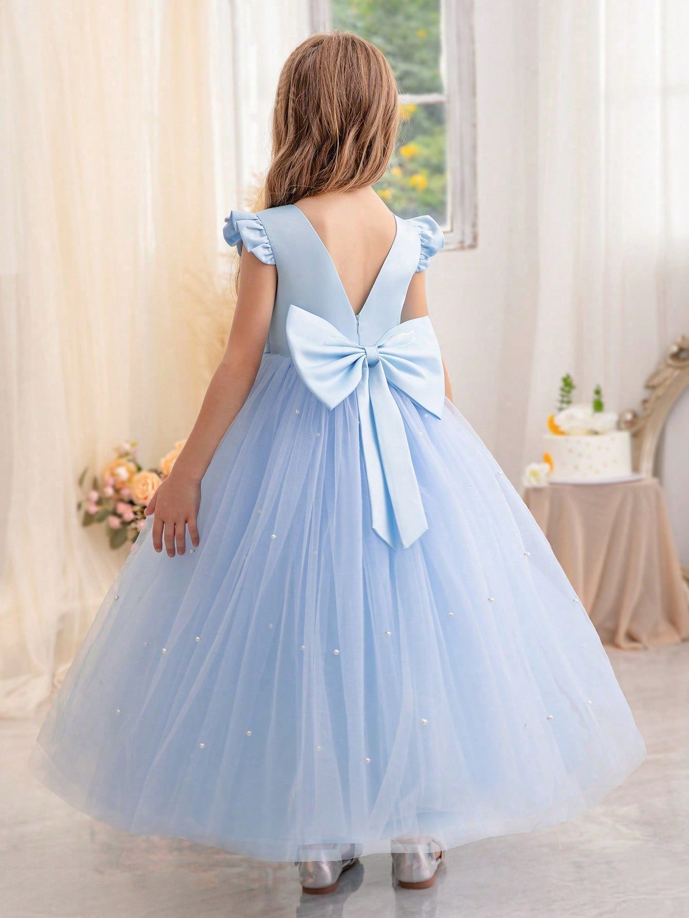 Tween Girl Ruffle Trimmed Bowknot Tulle Princess Dress - Birthday, Wedding, Party