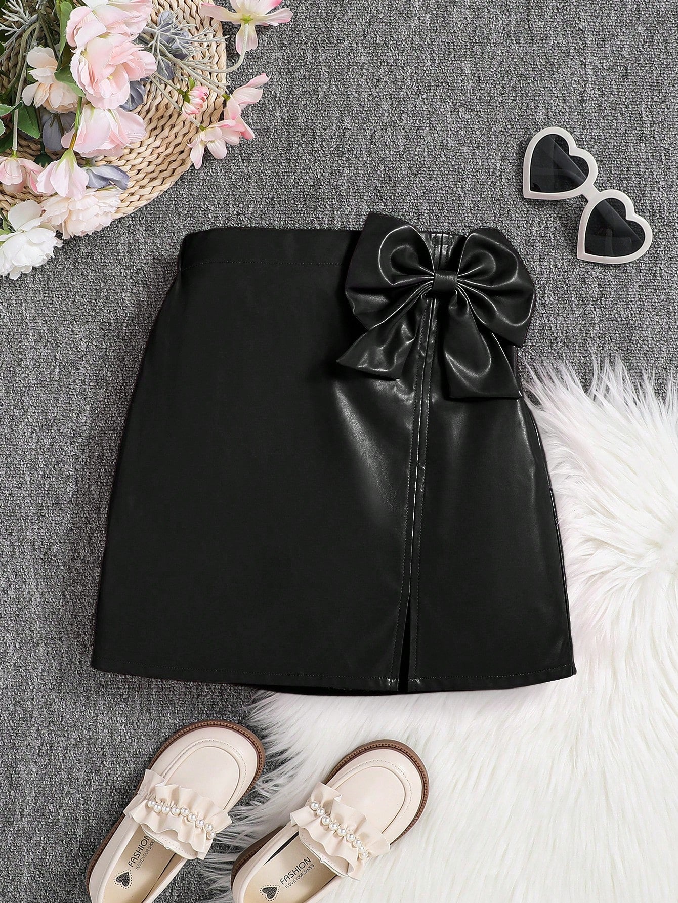 Tween Girls' Cute High Waist PU Leather Skirt - Bow Detail, Athletic Style