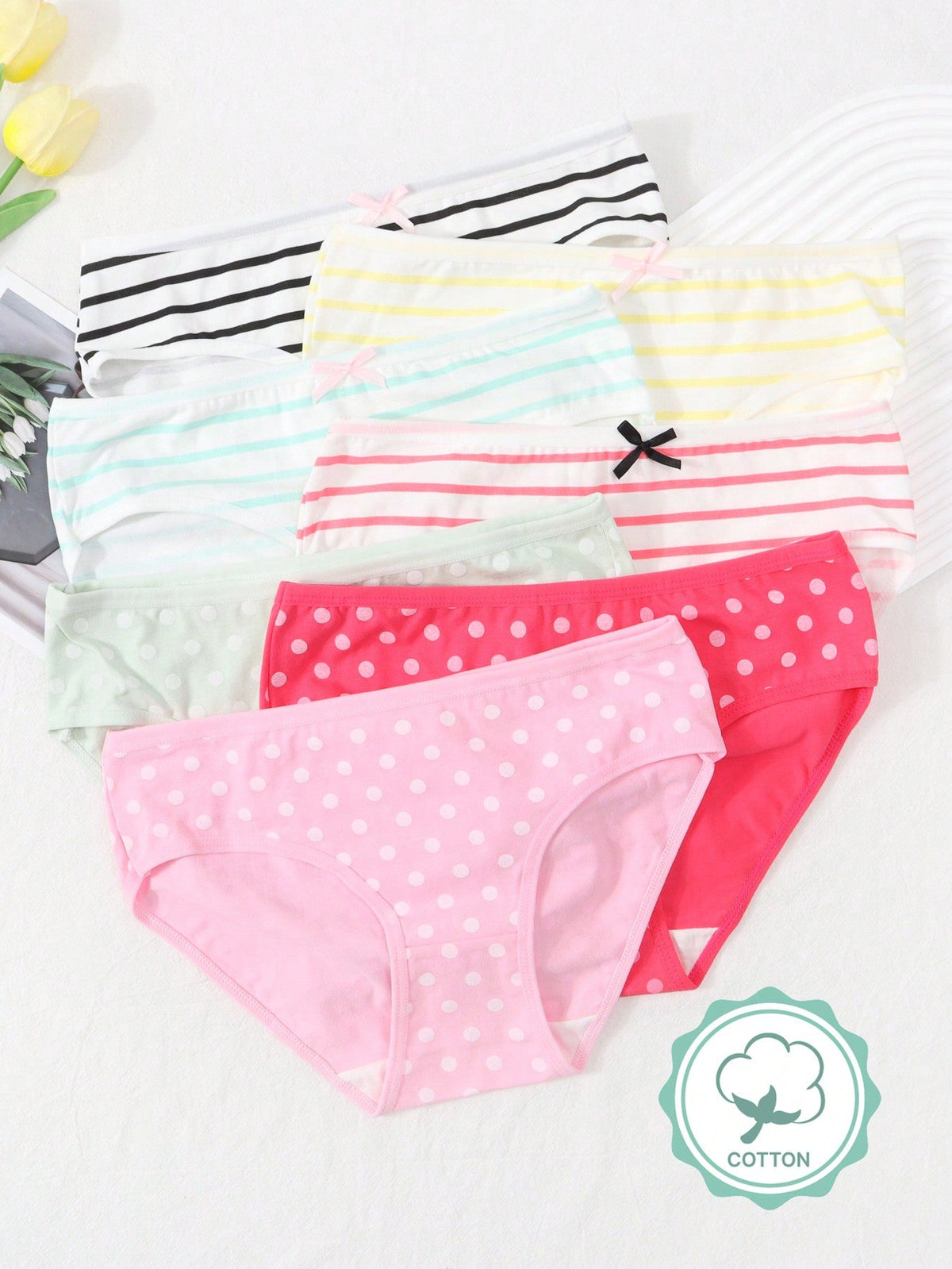 7pcs Tween Girls' Polka Dot & Stripe Triangle Panties - Geometric Print, Bow Detail, Medium Stretch