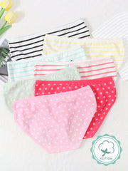 7pcs Tween Girls' Polka Dot & Stripe Triangle Panties - Geometric Print, Bow Detail, Medium Stretch