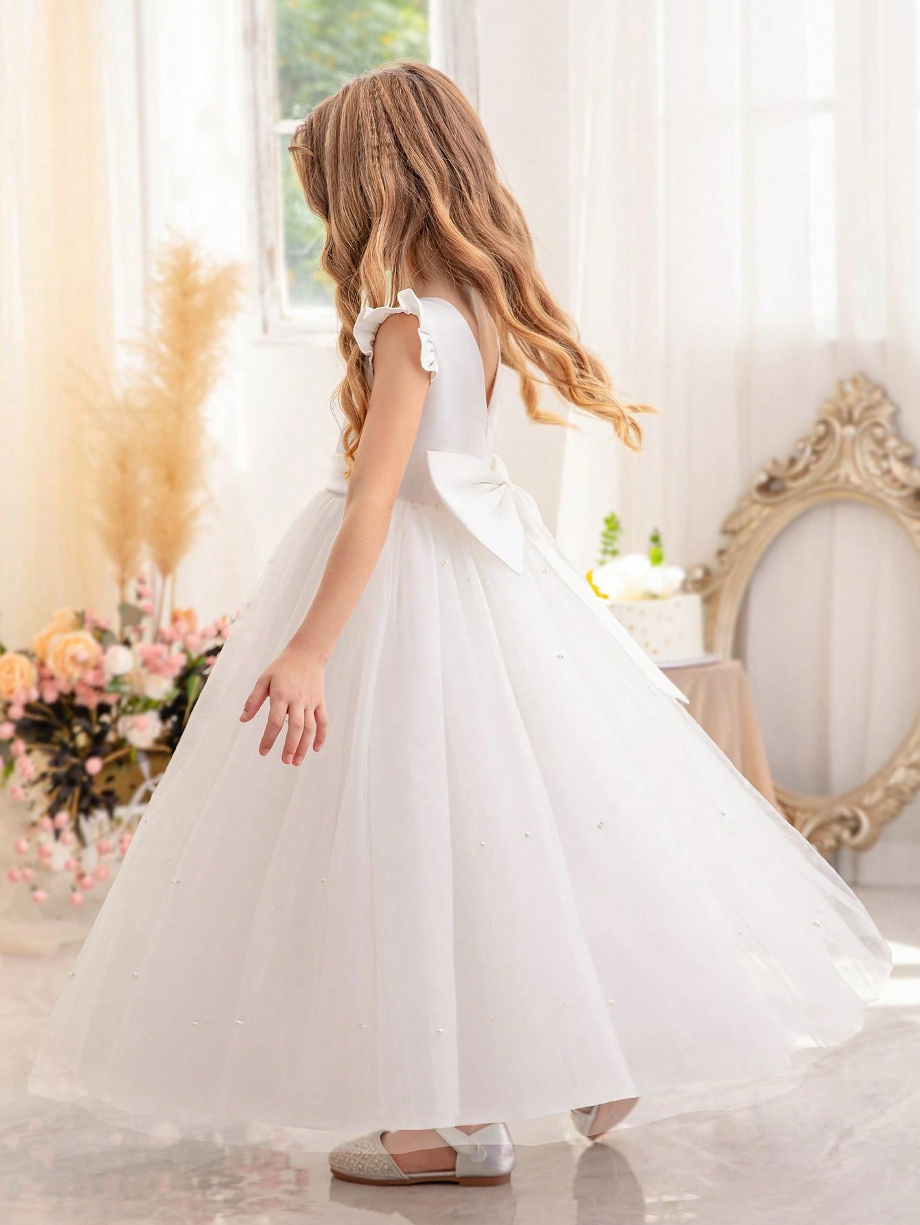 Tween Girl Ruffle Trimmed Bowknot Tulle Princess Dress - Birthday, Wedding, Party