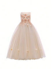 Tween Girl Floral Sleeveless Ball Gown Dress with Puffy Skirt and Beaded Embellishments