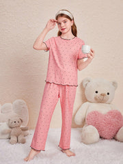 Cute Tween Girls' Polka Dot Homewear Set - Round Neck Top & Pants, Summer Style