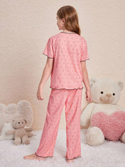 Cute Tween Girls' Polka Dot Homewear Set - Round Neck Top & Pants, Summer Style