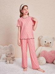 Cute Tween Girls' Polka Dot Homewear Set - Round Neck Top & Pants, Summer Style