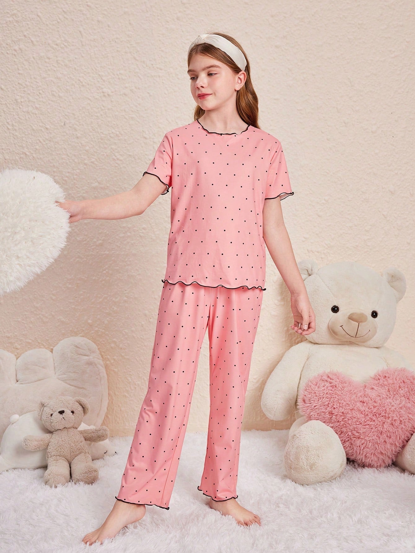 Cute Tween Girls' Polka Dot Homewear Set - Round Neck Top & Pants, Summer Style