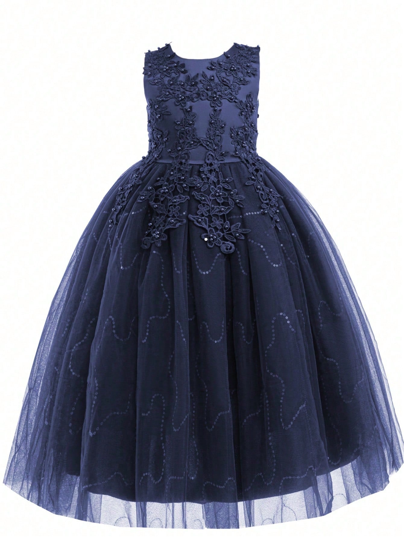 Tween Girl Lace Beaded Party Dress - Sleeveless Fit & Flare Ball Gown