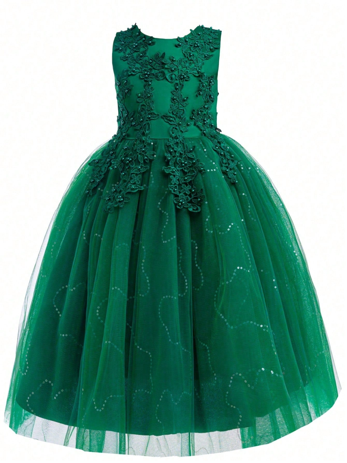 Tween Girl Lace Beaded Party Dress - Sleeveless Fit & Flare Ball Gown