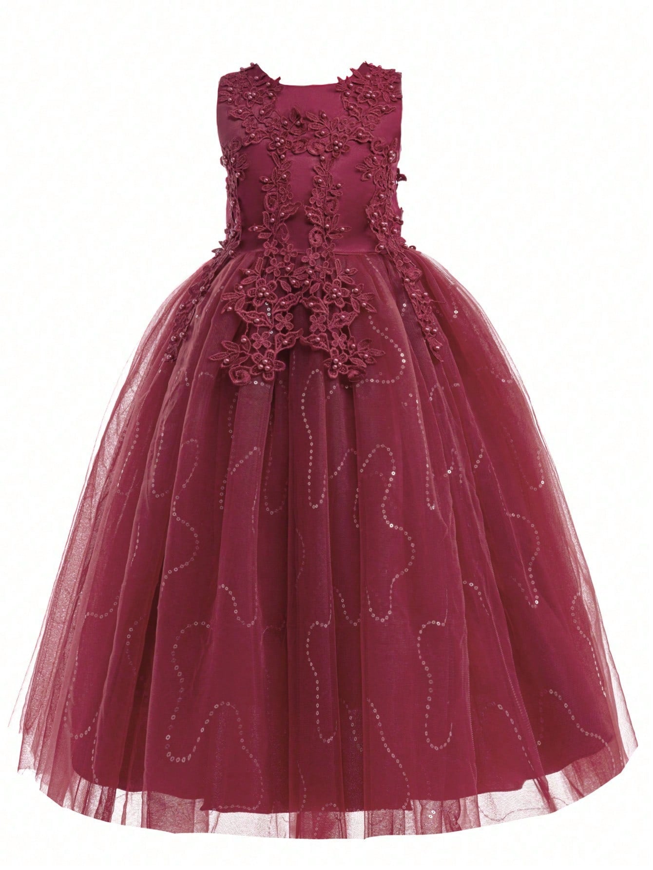 Tween Girl Lace Beaded Party Dress - Sleeveless Fit & Flare Ball Gown