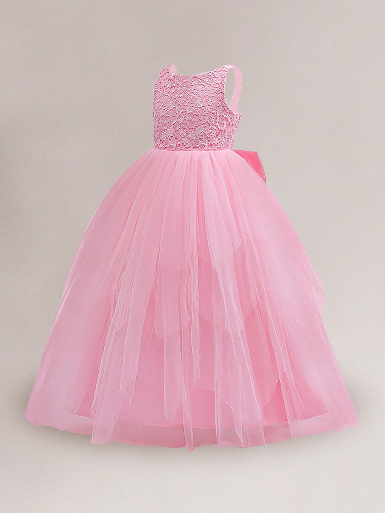 Elegant Tween Girl Long Mesh Party Dress with Sequin and Bow Back - High Waist Ball Gown