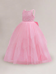 Elegant Tween Girl Long Mesh Party Dress with Sequin and Bow Back - High Waist Ball Gown