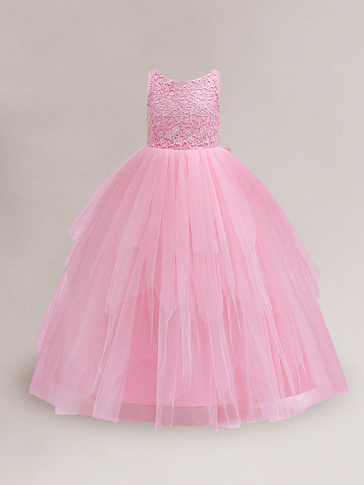 Elegant Tween Girl Long Mesh Party Dress with Sequin and Bow Back - High Waist Ball Gown