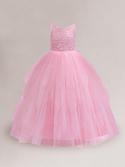 Elegant Tween Girl Long Mesh Party Dress with Sequin and Bow Back - High Waist Ball Gown