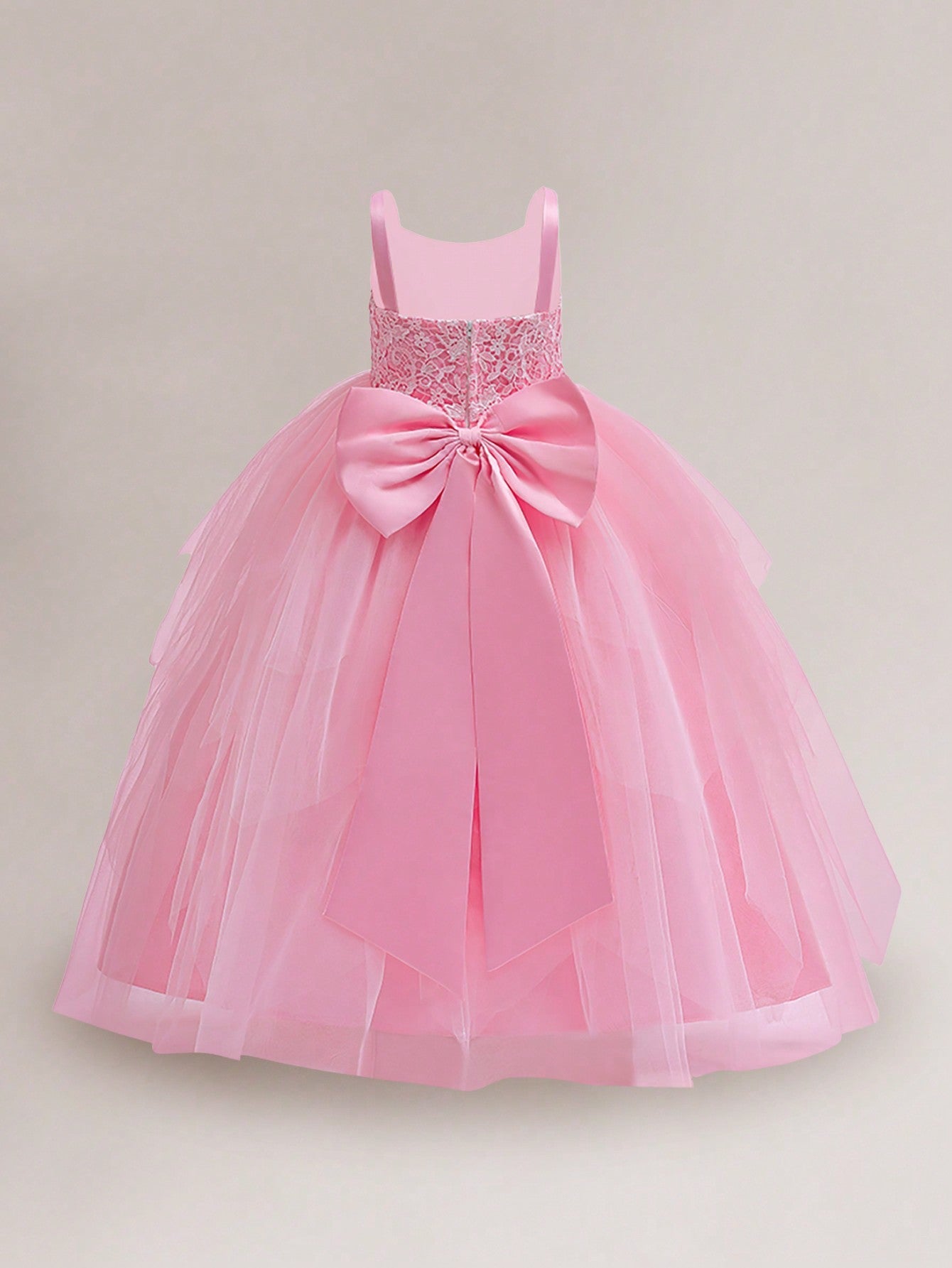 Elegant Tween Girl Long Mesh Party Dress with Sequin and Bow Back - High Waist Ball Gown