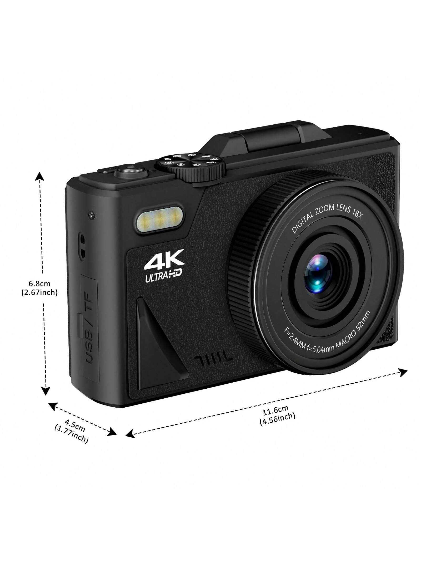 4K 64MP Vlogging Camera with 32G TF Card, 3" Flip Screen, 16X Zoom, Flash, Compact for Travel