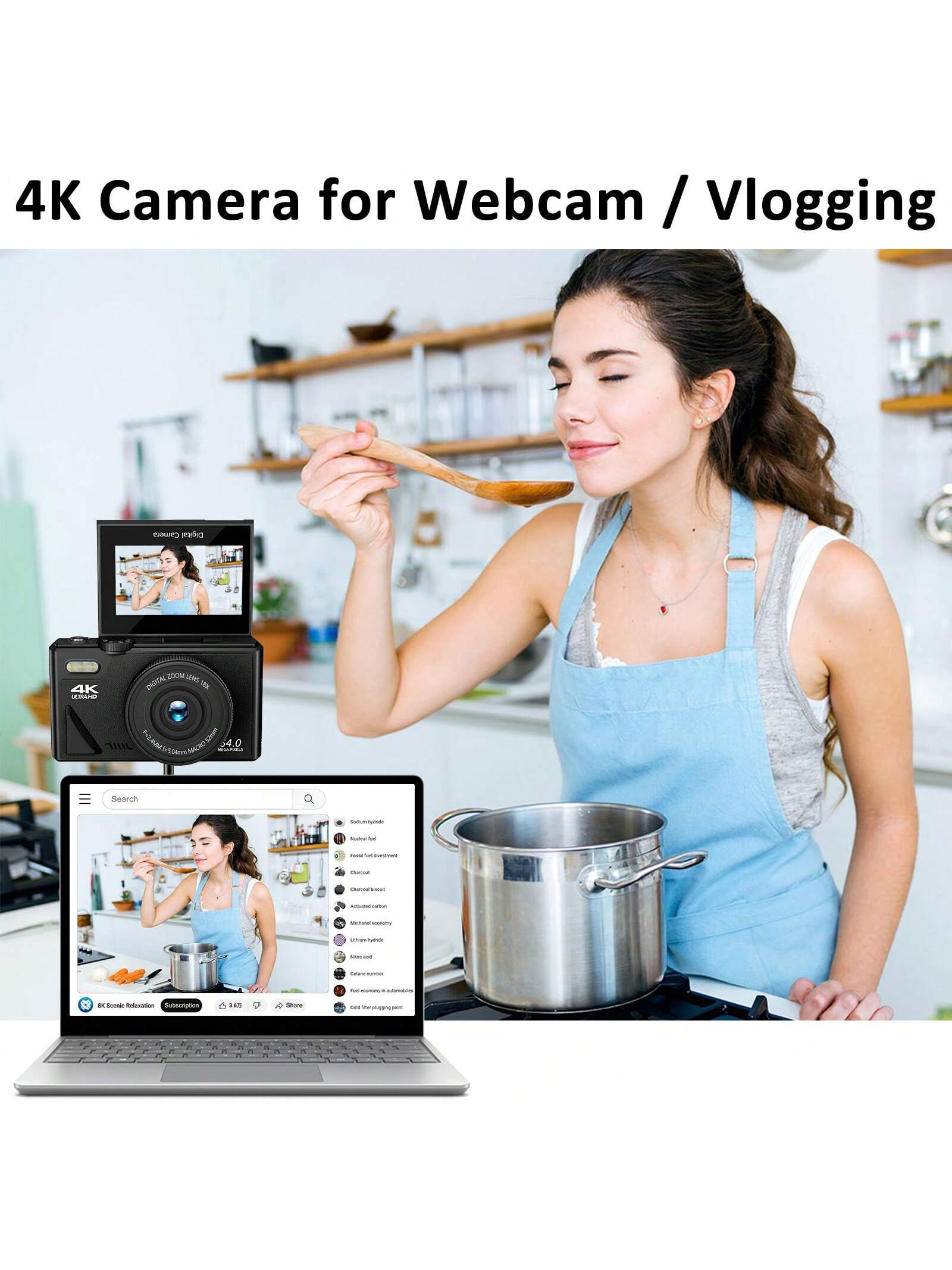 4K 64MP Vlogging Camera with 32G TF Card, 3" Flip Screen, 16X Zoom, Flash, Compact for Travel