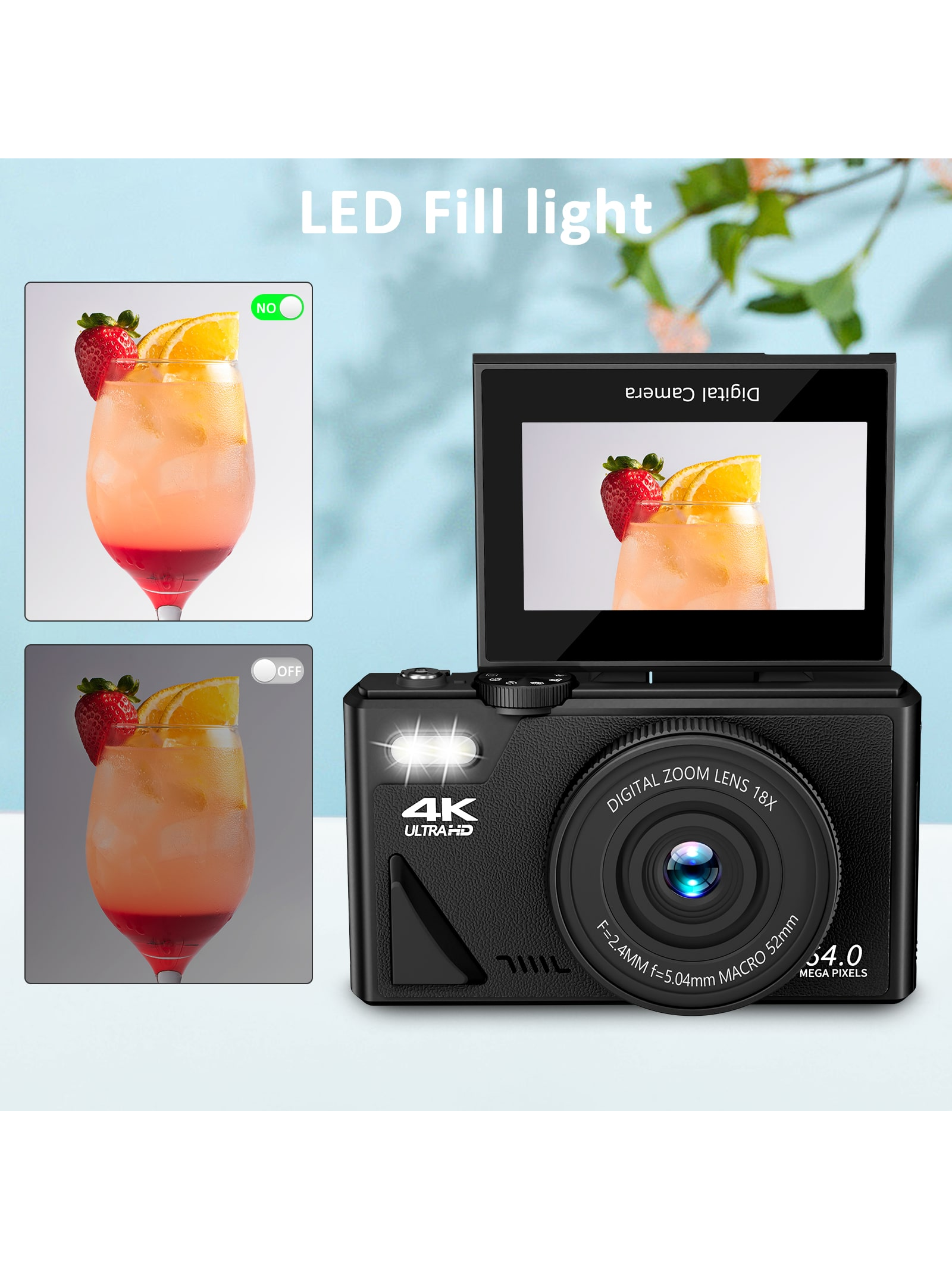 4K 64MP Vlogging Camera with 32G TF Card, 3" Flip Screen, 16X Zoom, Flash, Compact for Travel