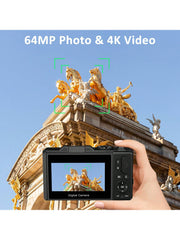 4K 64MP Vlogging Camera with 32G TF Card, 3" Flip Screen, 16X Zoom, Flash, Compact for Travel