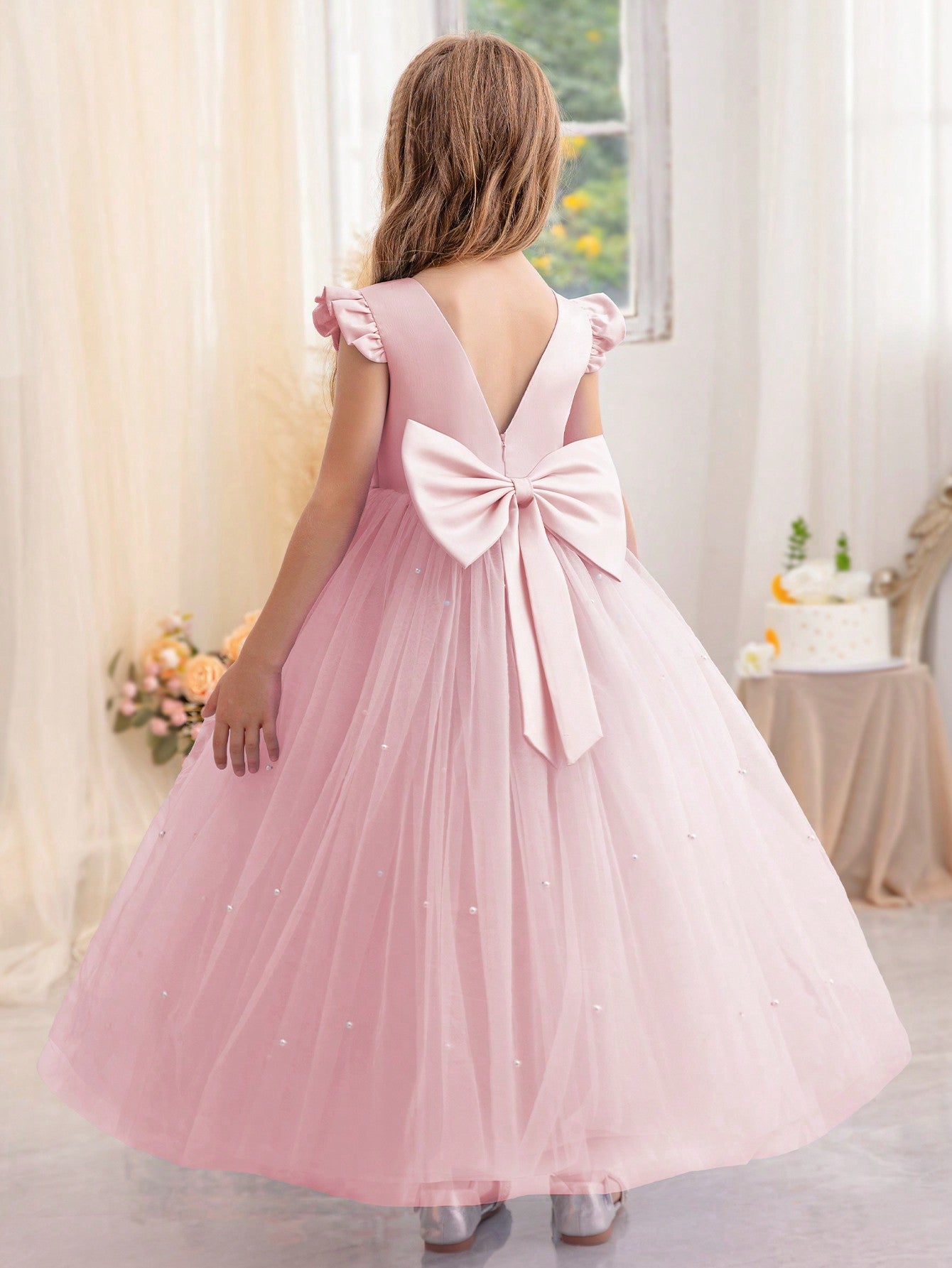 Tween Girl Ruffle Trimmed Bowknot Tulle Princess Dress - Birthday, Wedding, Party