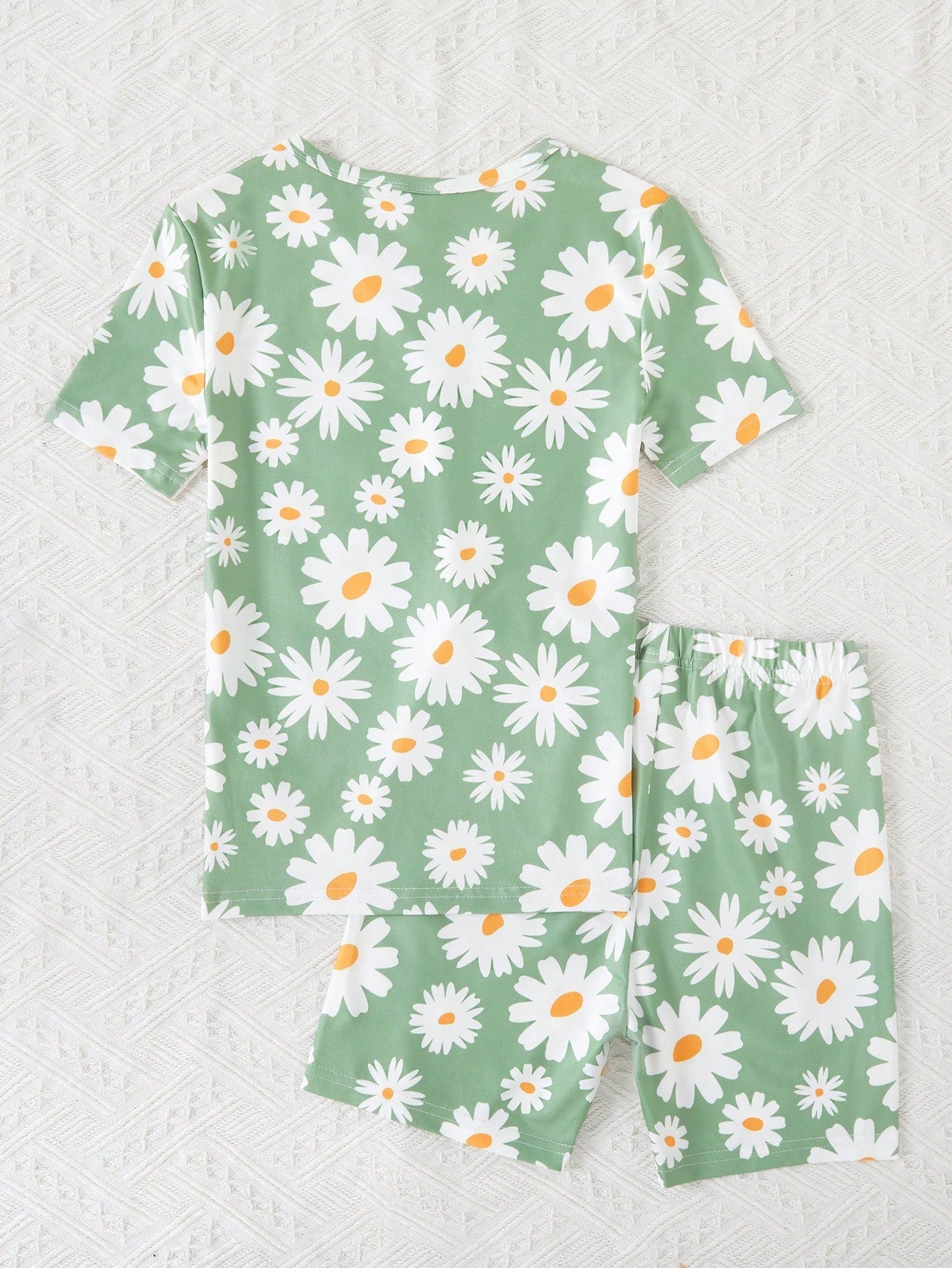 Cute Daisy Print Tween Girl Short Sleeve Top & Shorts Set - Comfy Homewear, High Stretch