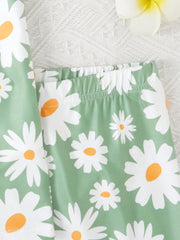 Cute Daisy Print Tween Girl Short Sleeve Top & Shorts Set - Comfy Homewear, High Stretch