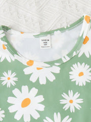 Cute Daisy Print Tween Girl Short Sleeve Top & Shorts Set - Comfy Homewear, High Stretch