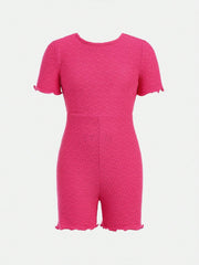 Tween Girls' Sporty Knitted Romper - Short Sleeve, Scoop Neck, Lettuce Trim, Spring/Summer