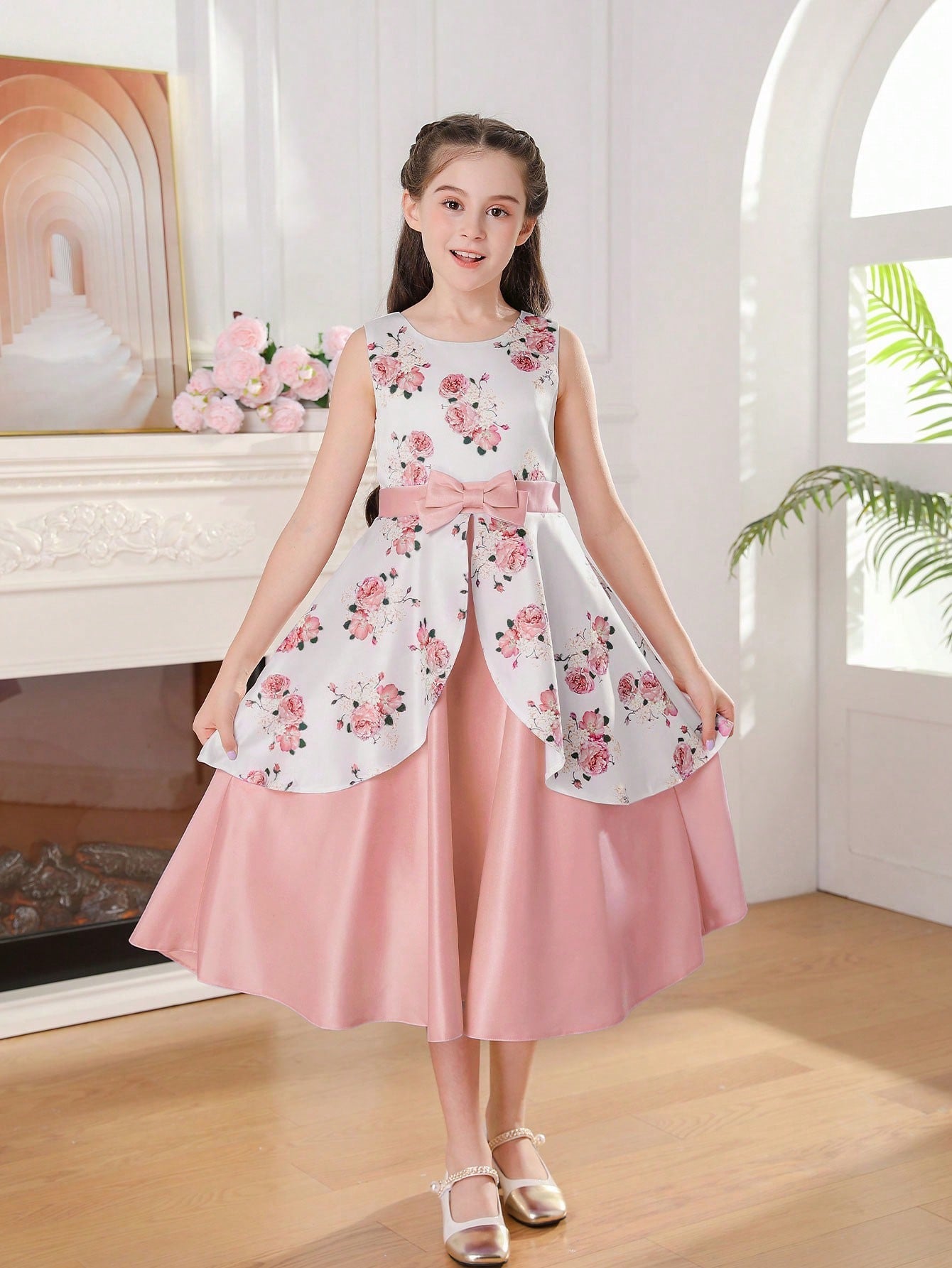 Elegant Tween Girl Flower Print Sleeveless Party Dress with Bow-Knot and Satin Hem