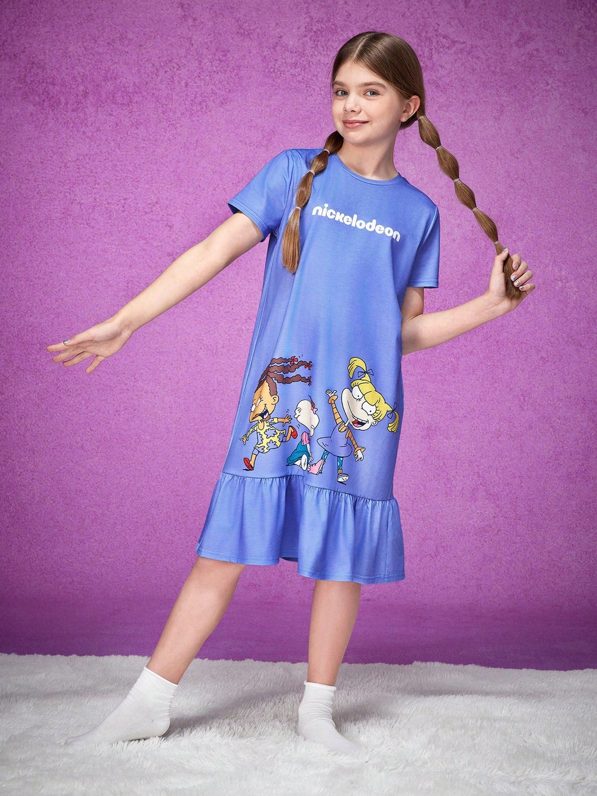 Cute Tween Girl Purple Nightdress - Cartoon Figure, Ruffle Hem, Short Sleeve