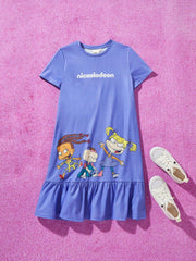 Cute Tween Girl Purple Nightdress - Cartoon Figure, Ruffle Hem, Short Sleeve