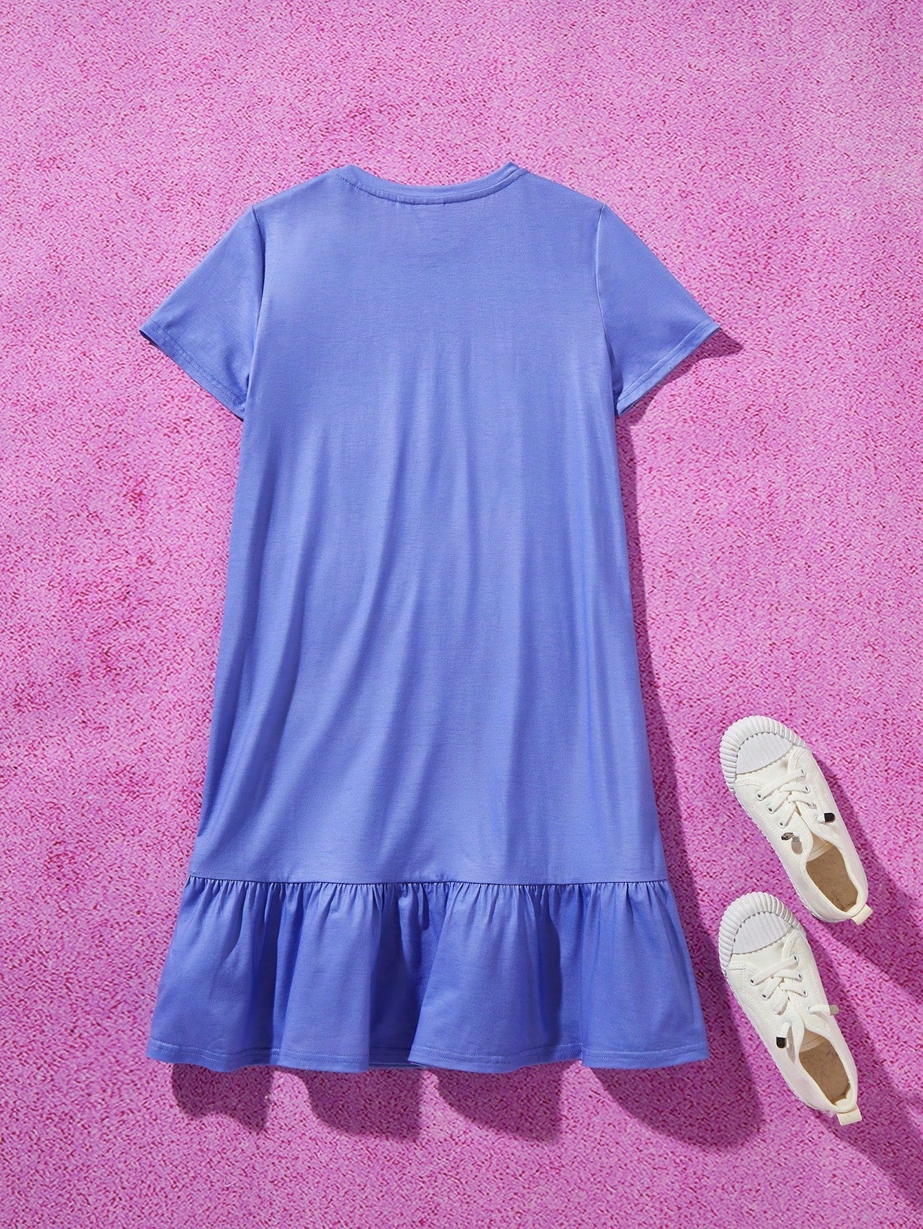 Cute Tween Girl Purple Nightdress - Cartoon Figure, Ruffle Hem, Short Sleeve