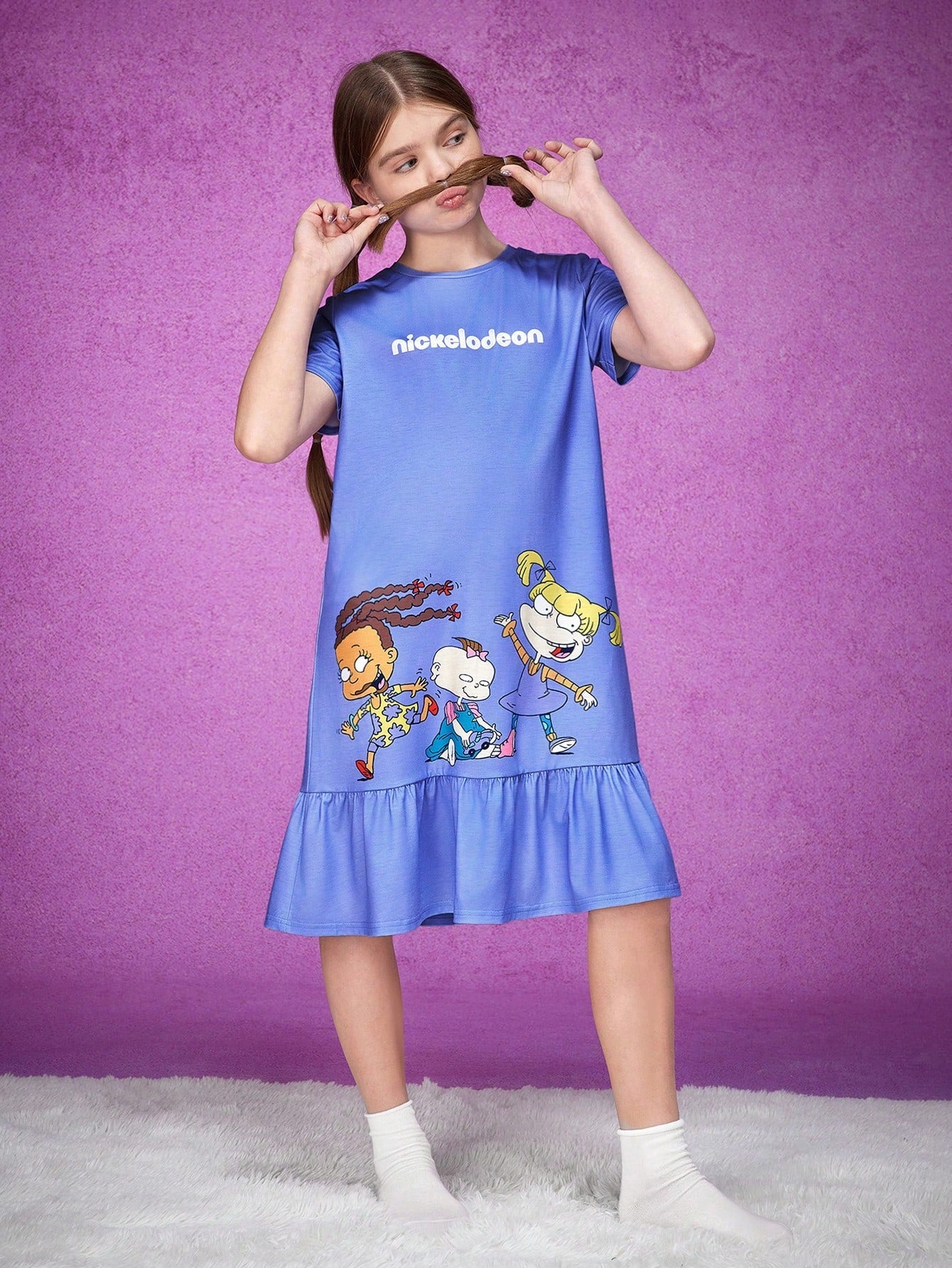 Cute Tween Girl Purple Nightdress - Cartoon Figure, Ruffle Hem, Short Sleeve