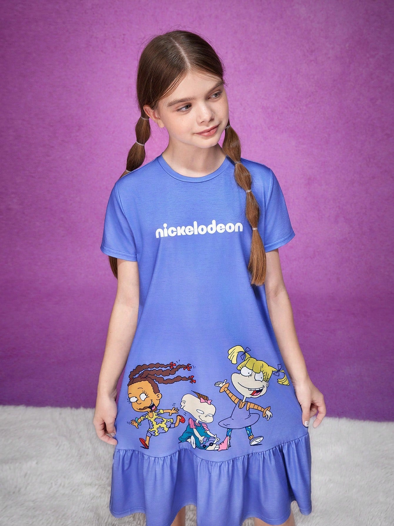 Cute Tween Girl Purple Nightdress - Cartoon Figure, Ruffle Hem, Short Sleeve