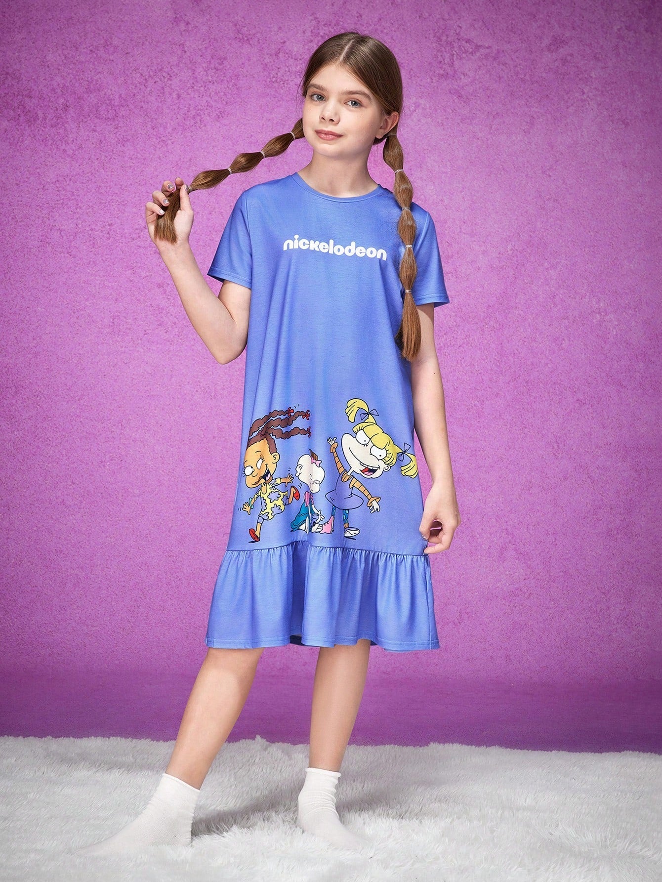 Cute Tween Girl Purple Nightdress - Cartoon Figure, Ruffle Hem, Short Sleeve