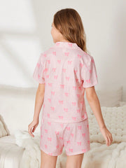 Cute Tween Girl Light Pink Butterfly Print Cardigan & Shorts Set - Button Front, Lapel Neckline, Slight Stretch Fabric