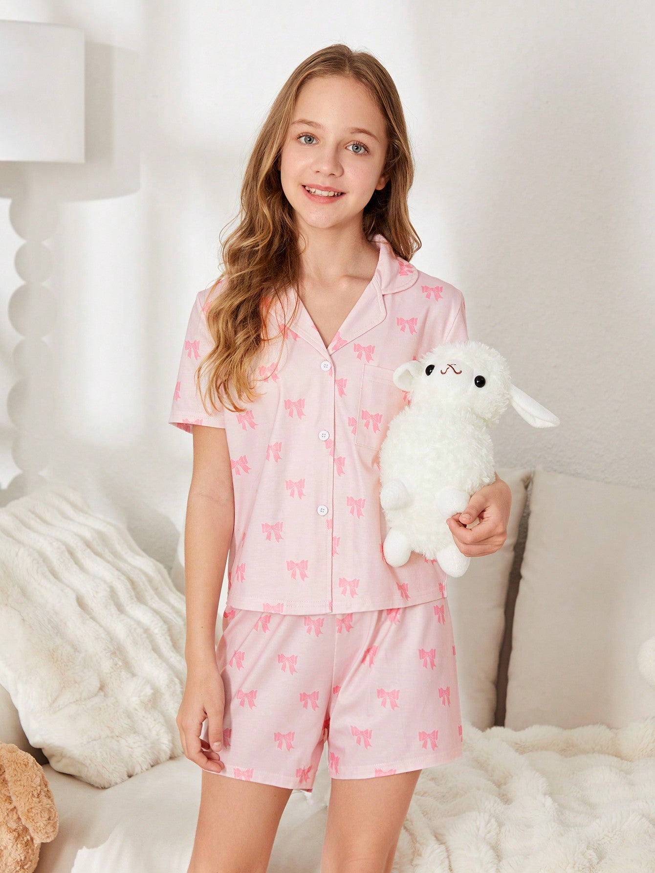 Cute Tween Girl Light Pink Butterfly Print Cardigan & Shorts Set - Button Front, Lapel Neckline, Slight Stretch Fabric